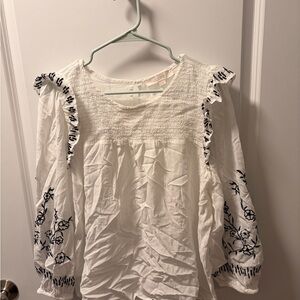 LOFT White Blouse with Navy Embroidery